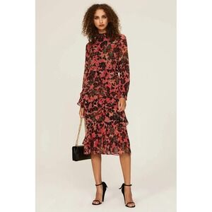 SALONI Floral Print Silk Long Sleeve Midi Dress Tiered Ruffle Mock Neck US 0